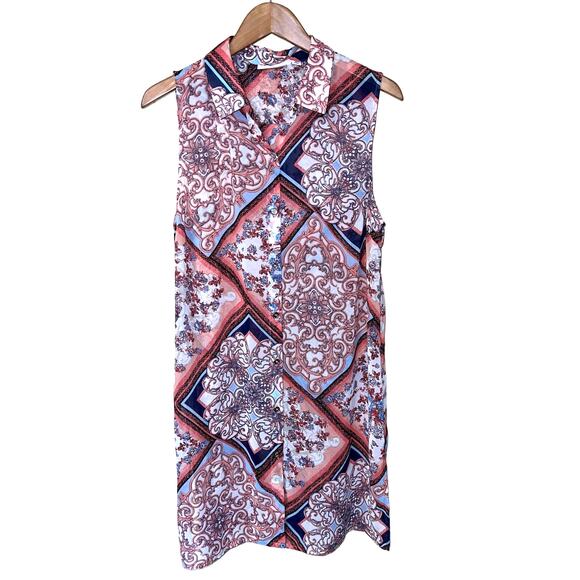 Susan Graver Medium Topper Shirt Tunic Top Vest Chiffon Peach Fuzz Printed Patch - Picture 3 of 13